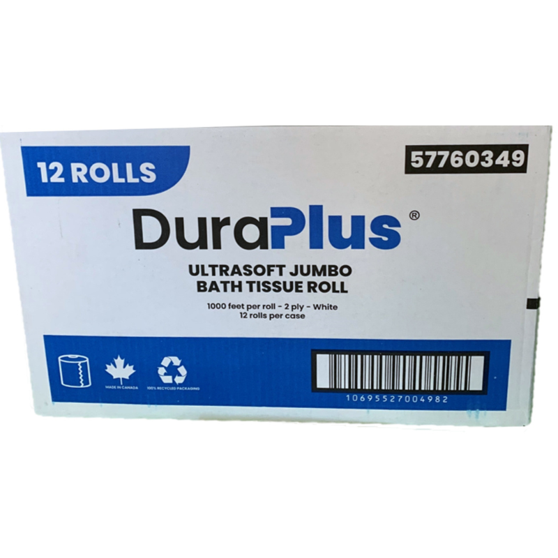 DuraPlus® Universal Jumbo Bathroom Tissue, 2-Ply, White, 1000', 12 Rolls/Case, Made in Canada