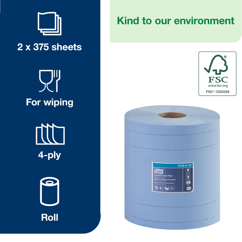 Tork® Advanced Industrial Paper Wiper, Centrefeed, 4-Ply, Blue, 375 Wipers/Roll, 2 Rolls/Case